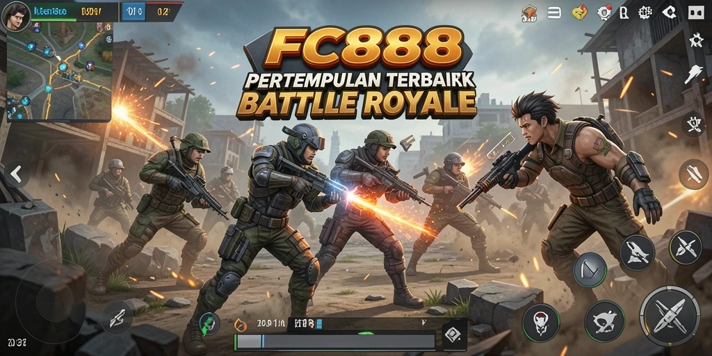 Screenshot utama FC888 menampilkan intensitas pertarungan dalam game Battle Royale.
