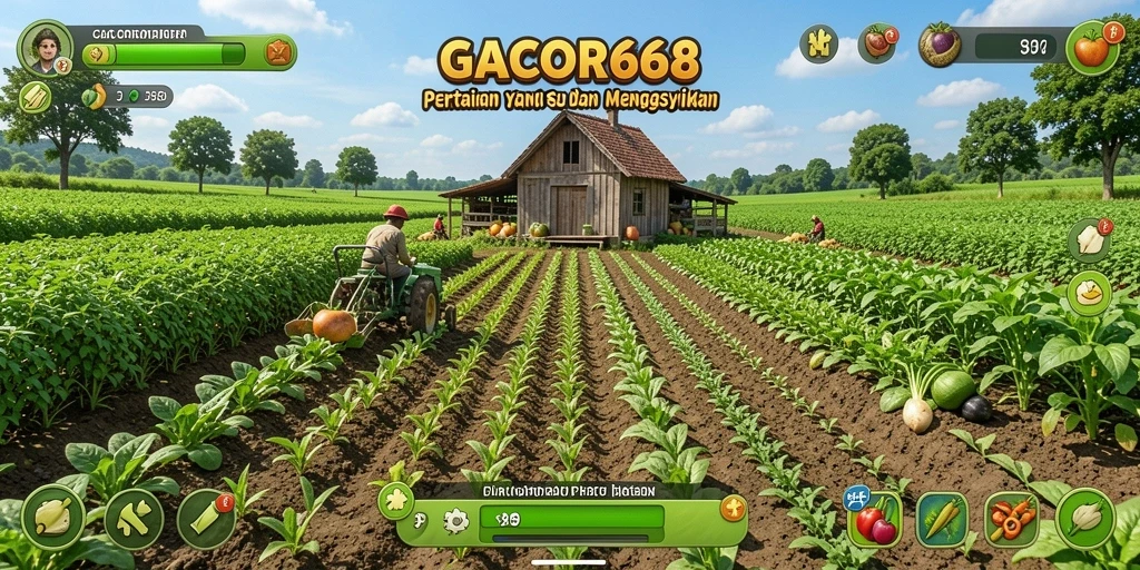 Tampilan gameplay GACOR668 dengan ladang yang subur dan tanaman yang beragam.