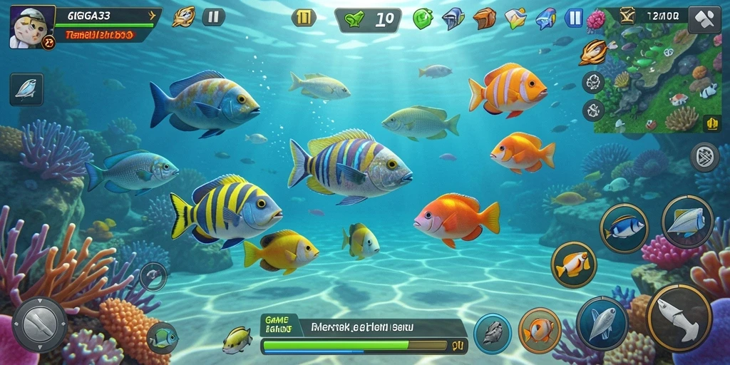 Tampilan gameplay GIGA33 yang menampilkan berburu ikan.