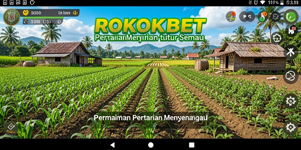 Screenshot gameplay ROKOKBET menunjukkan ladang hijau subur dengan berbagai tanaman.